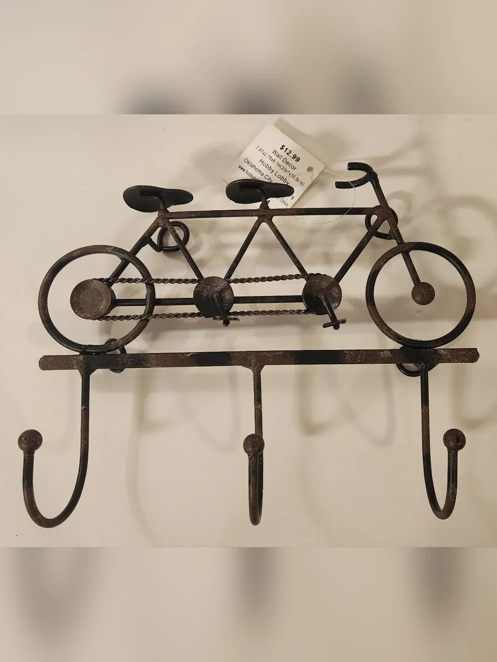 Hobby Lobby Tandem Bicycle Metal Wall Decor 3 Hooks Bike Key Coat Hanger NWT